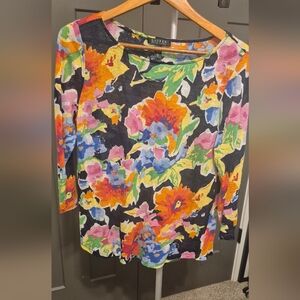 Lauren Ralph Lauren 100% Linen Floral 3/4 Sleeve Blouse Multicolor Artsy Top